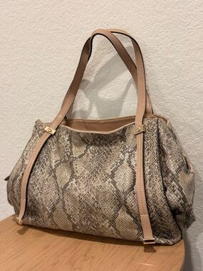 Neutral Snake-Print Tote Bag with Tan Straps